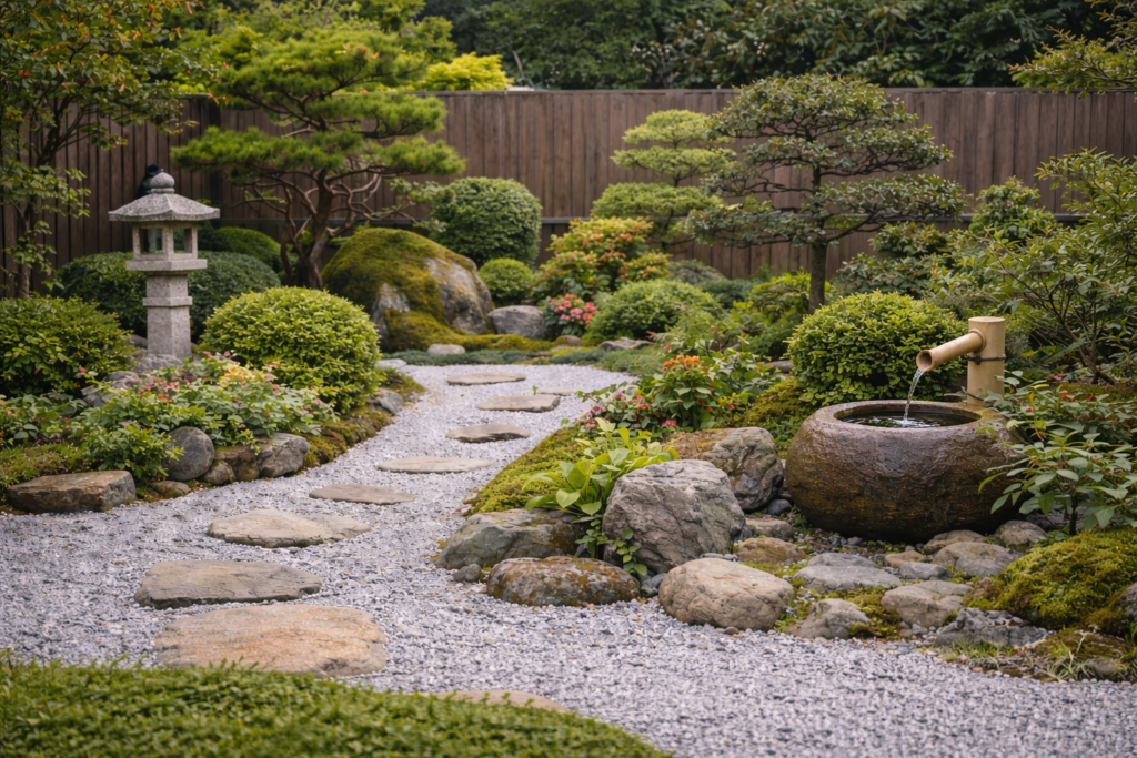 庭づくり施工後の様子 飛び石と石灯籠を配置した和風庭園