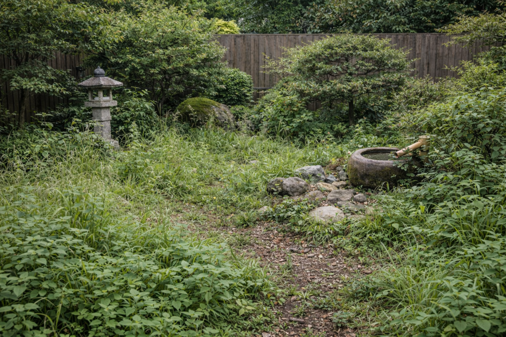 庭づくり施工前の様子 雑草が生い茂った和風庭園