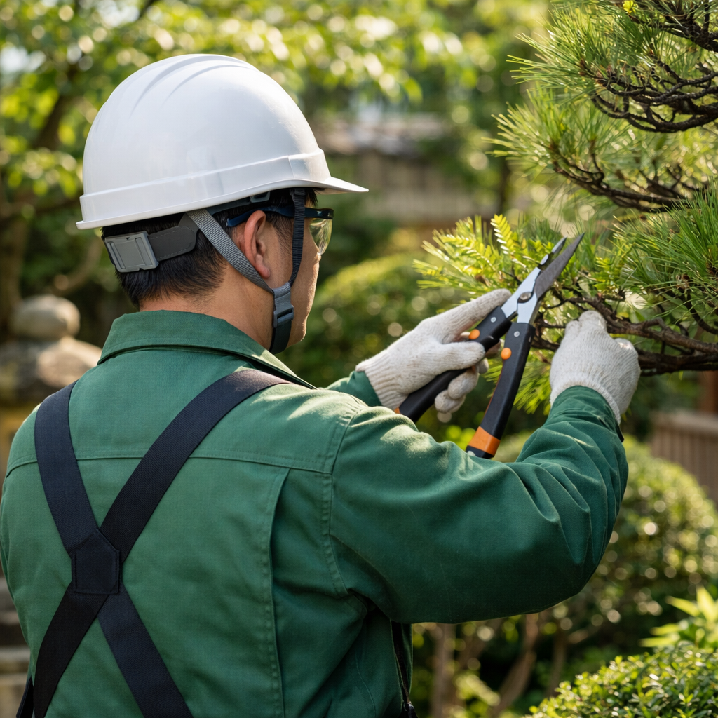 松戸市の造園業〇〇造園による庭木剪定作業の様子